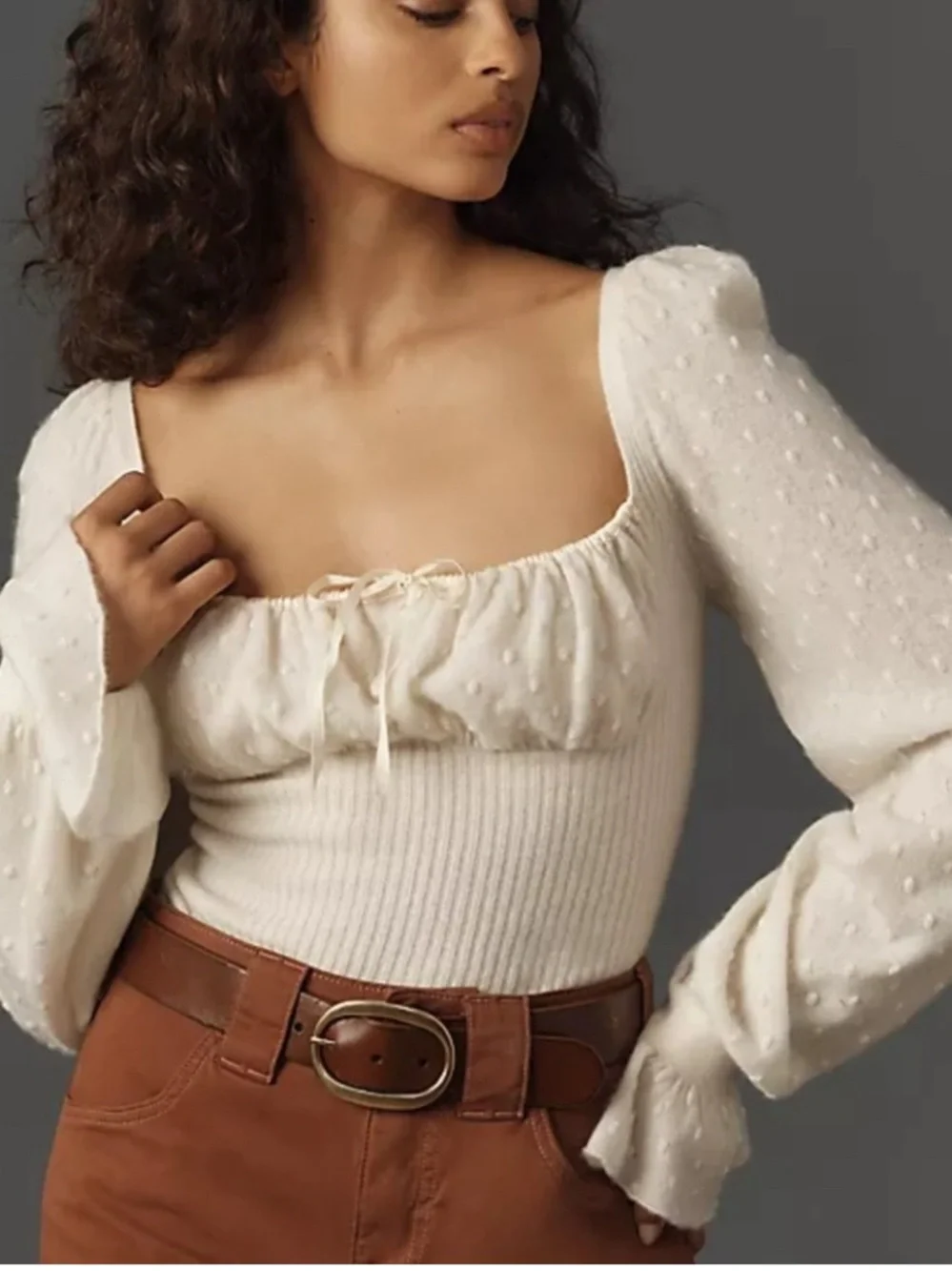Anthropologie ~ Ivory Swiss Dot Square-Neck Long Sleeve Top